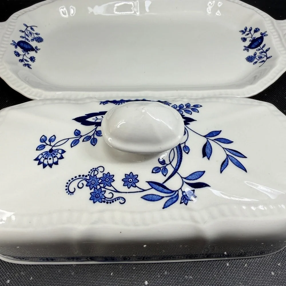 Kensington Staffordshire Ironstone Blue Onion Butter Dish Handcrafted England
